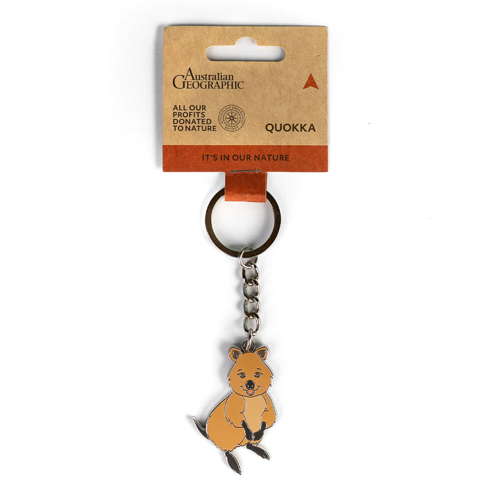 Keychain with a quokka design on a cardboard backing with Australian Geographic branding.