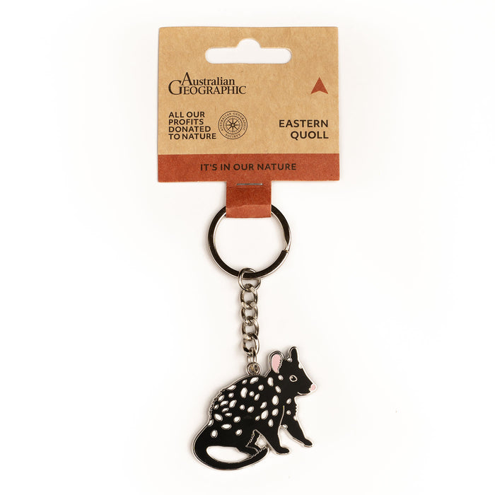 Keychain with an Eastern Quoll design on a cardboard Australian Geographic packaging.