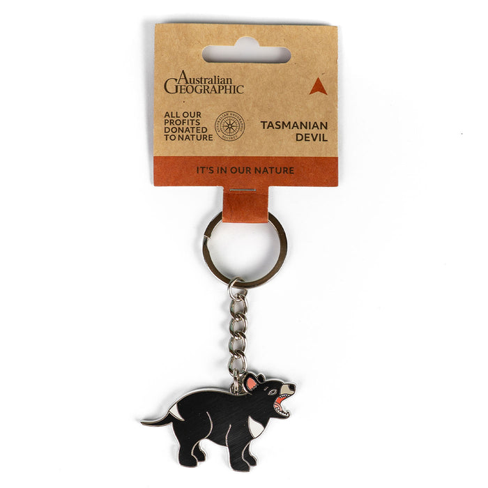Keychain with Tasmanian Devil design on a cardboard backing with 'Australian Geographic' branding.