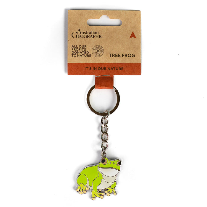 Green frog keychain on a brown card with 'Australian Geographic' branding