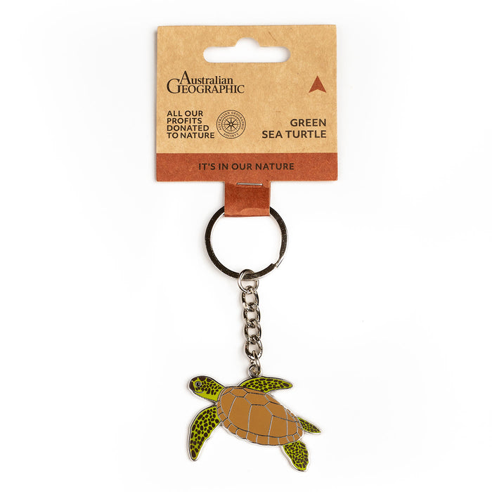 Turtle keychain on a cardboard card with 'Australian Geographic' branding