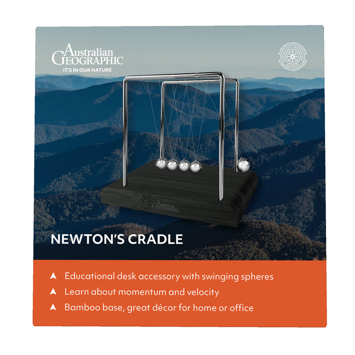 Newton's Cradle packaging with Australian Geographic branding against a mountainous landscape background.