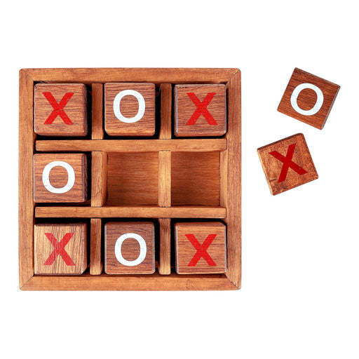 Wooden blocks with 'X' and 'O' symbols in a wooden box on a white background