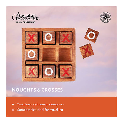 Wooden noughts and crosses game set with 'Australian Geographic' branding on a pastel background.