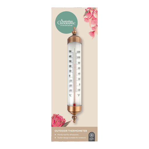 Outdoor thermometer packaging with floral design on a beige background