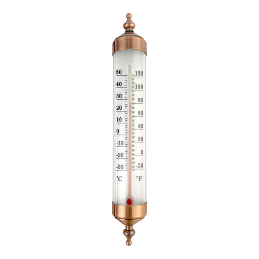 Vintage-style thermometer with brass casing on a white background