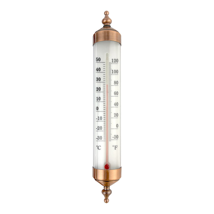 Vintage-style thermometer with brass casing on a white background