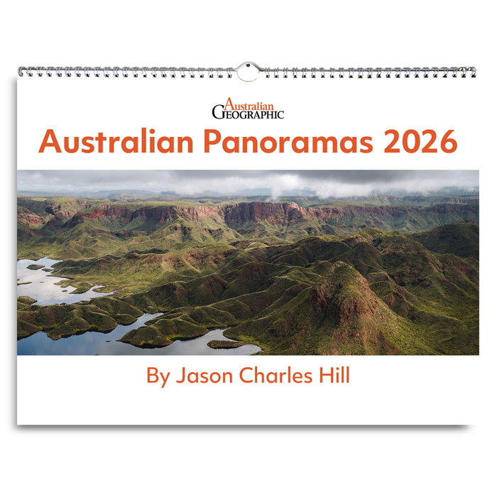 Calendar cover for 'Australian Panoramas 2026' by Jason Charles Hill with a scenic Australian landscape.
