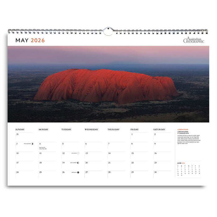 Calendar page for May 2026 featuring Uluru with a white background