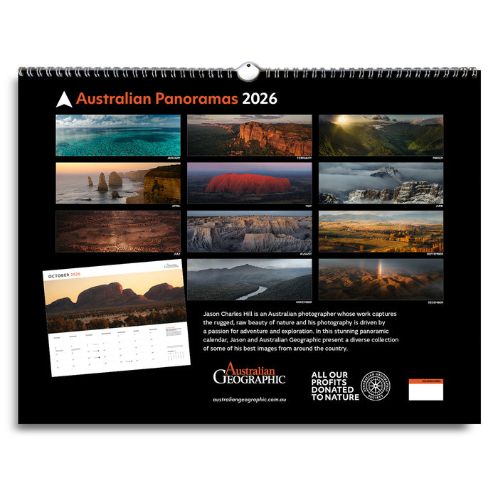 Australian Panoramas 2026 calendar with scenic images on a black background