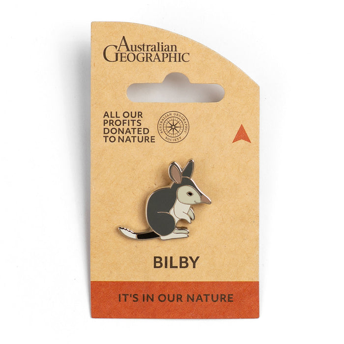 Bilby pin on Australian Geographic packaging with nature donation message