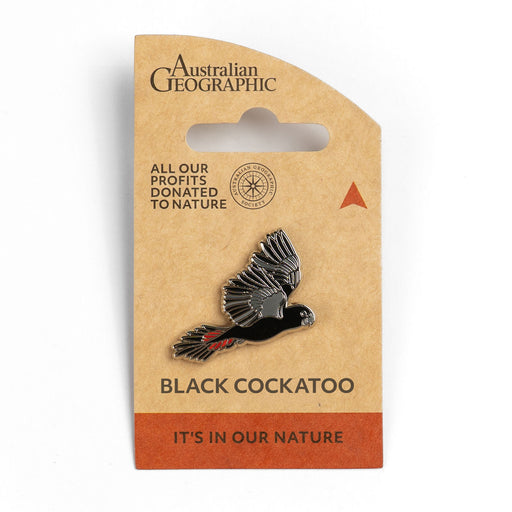 Black cockatoo pin on Australian Geographic packaging