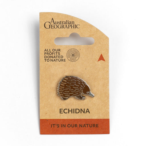 Echidna pin on Australian Geographic packaging with 'It's in our nature' text.