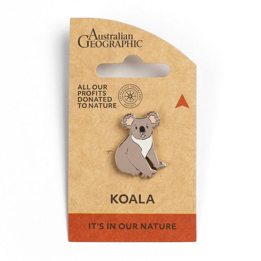 Koala pin on Australian Geographic packaging with a white background