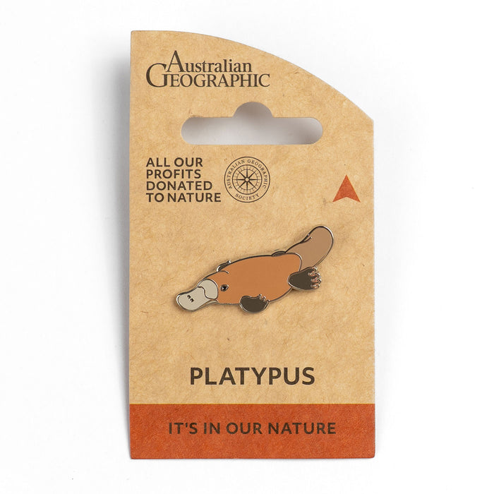 Platypus pin on Australian Geographic packaging with nature donation message