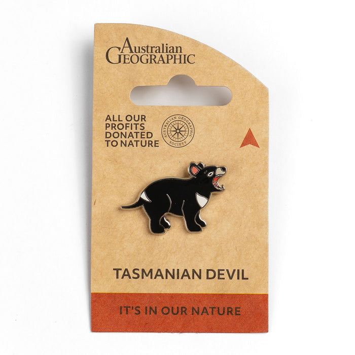 Tasmanian devil pin on Australian Geographic packaging