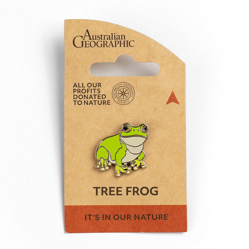 Green tree frog pin on a brown card with 'Australian Geographic' branding