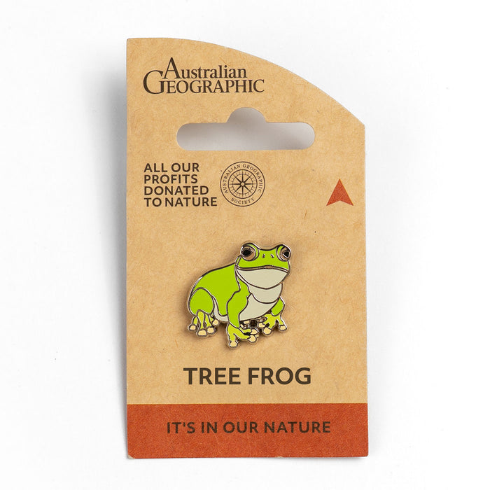 Green tree frog pin on a brown card with 'Australian Geographic' branding