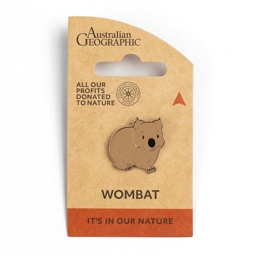 Wombat pin on Australian Geographic packaging with branding and nature donation message.