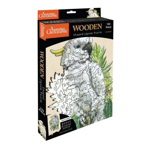 Australian Geographic brand wooden shaped jigsaw puzzle box featuring a cockatoo illustration on the front, with 133 pieces.