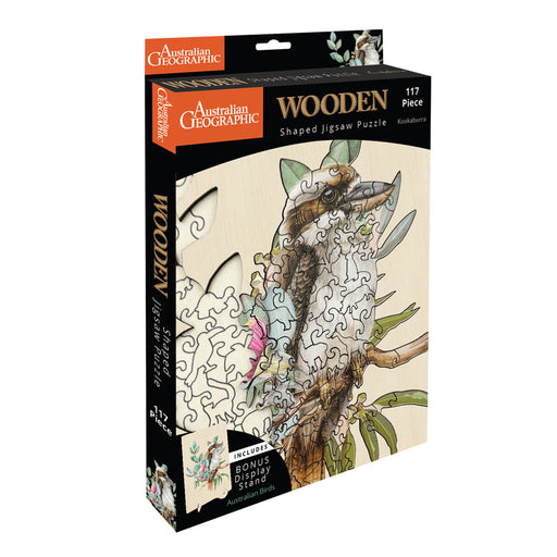 Australian Geographic Wooden Shaped Jigsaw Puzzle box, featuring a 117-piece puzzle with a detailed illustration of a bird perched on a tree branch.