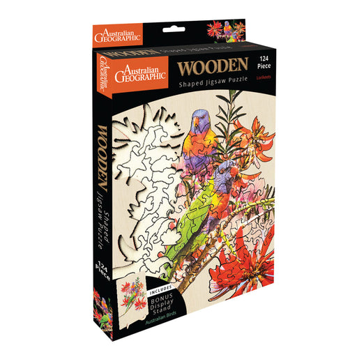 Australian Geographic brand wooden shaped jigsaw puzzle box, 124 pieces, featuring a colorful parrot and red flowers on a cream background with black borders.