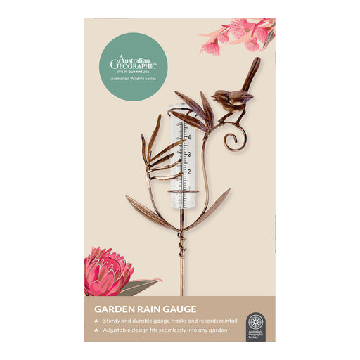 Garden rain gauge with decorative design on a beige background, featuring Australian Geographic branding.