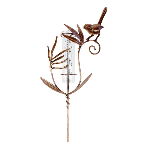 Decorative rain gauge with bird and leaf design on a white background