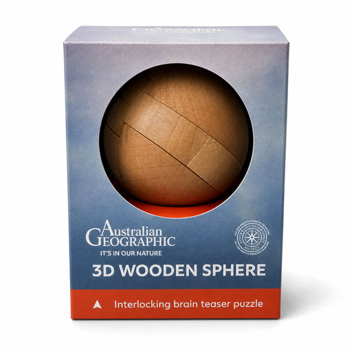 Australian Geographic 3D Wooden Sphere interlocking brain teaser puzzle in its original blue and orange packaging box.