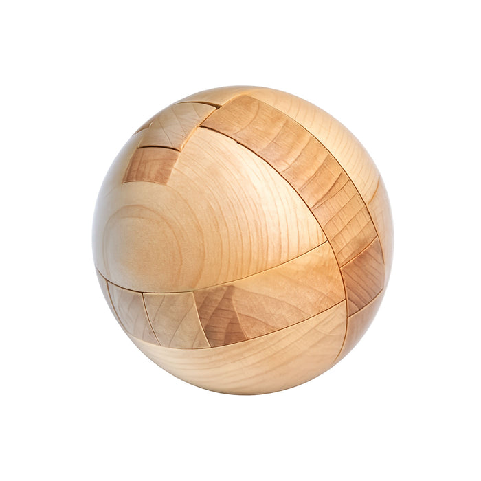 A spherical wooden puzzle ball made of multiple interlocking wood panels with visible grain patterns, isolated on a white background.