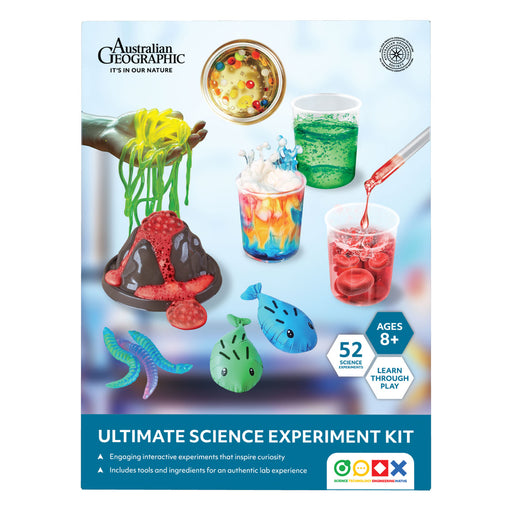 Front of the Australian Geographic Ultimate Science Experiment Kit box, showing colorful science project visuals and product imagery on a white and blue background.