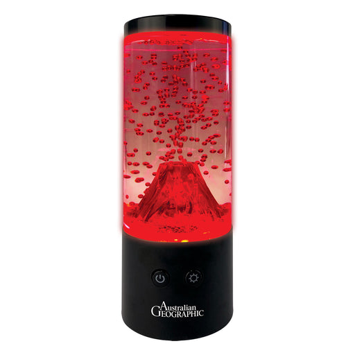 A red volcano lamp with a black base featuring the Australian Geographic logo, set against a plain white background.