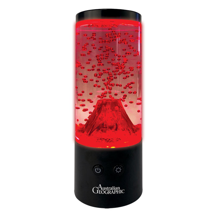 A red volcano lamp with a black base featuring the Australian Geographic logo, set against a plain white background.
