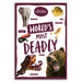 Book cover of 'World's Most Deadly' by Australian Geographic with various animals on a white background.