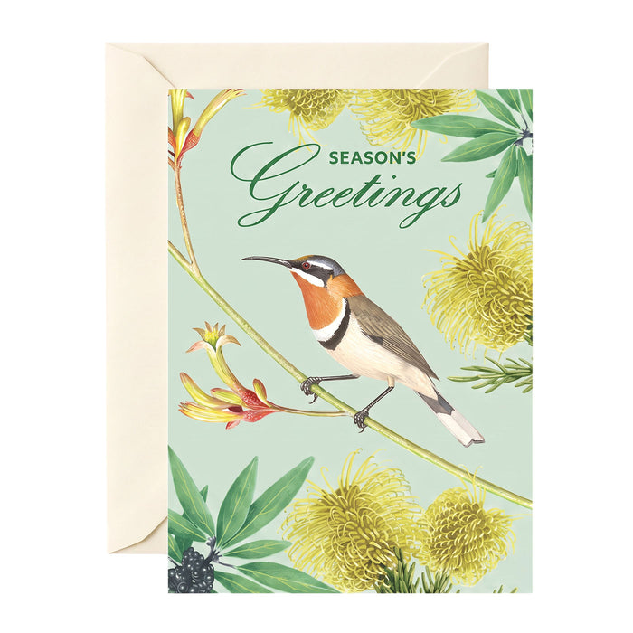 A greeting card with a light green background, featuring an illustration of a small bird perched on a branch with yellow flowers and green leaves. The text 'Season's Greetings' appears at the top.