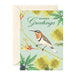 A greeting card with a light green background, featuring an illustration of a small bird perched on a branch with yellow flowers and green leaves. The text 'Season's Greetings' appears at the top.