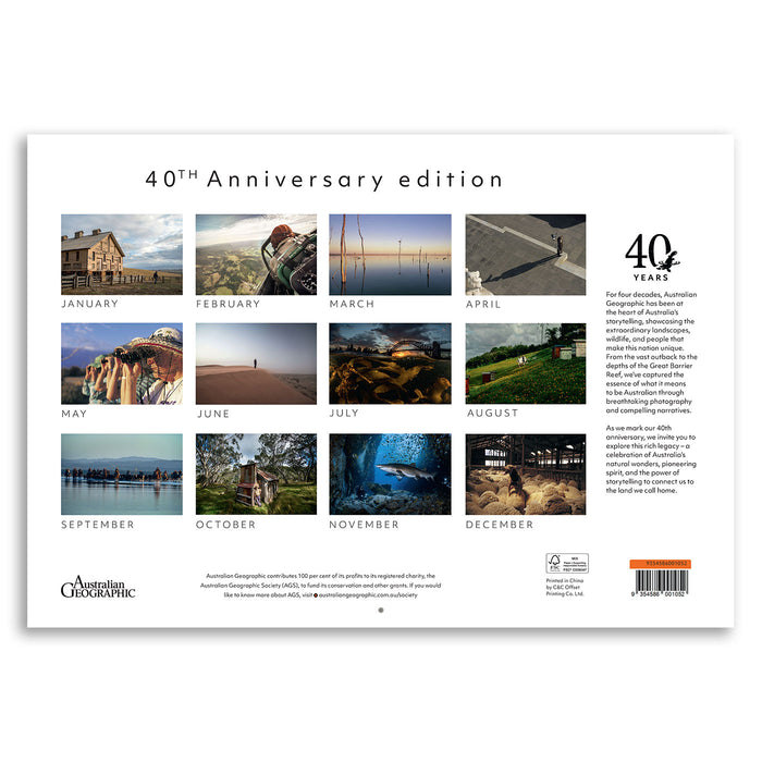 40th Anniversary Australian Geographic calendar with scenic images and brand logo.