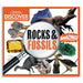 Book cover of 'Rocks & Fossils' with magnifying glass and various geological items.