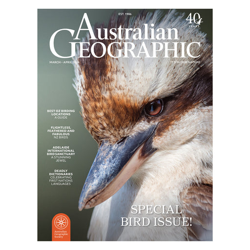 Australian Geographic magazine cover featuring a bird with text about a special bird issue.