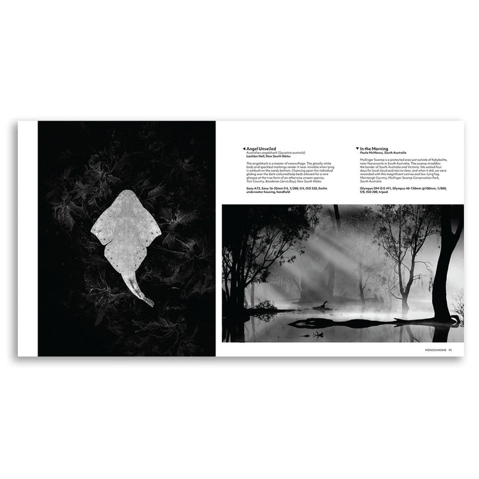 An open book or magazine spread showing a black-and-white artistic photograph on the left page and a monochrome landscape photo with text on the right page, photographed against a light gray background.