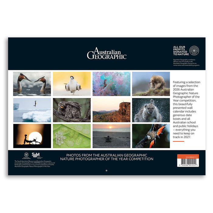 Australian Geographic Nature Photographer of the Year Competition photo print package back cover, featuring a dark navy header with the title, a grid of twelve nature photographs, and descriptive text on a white background.