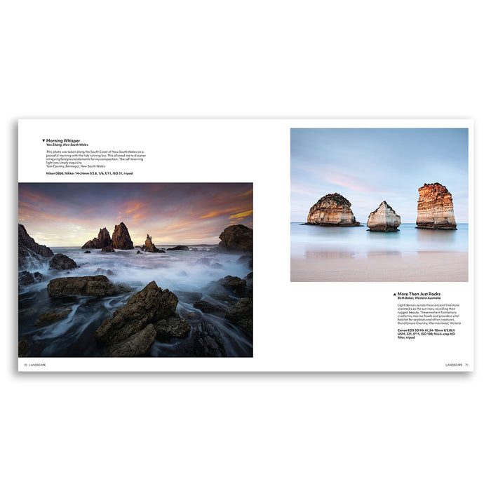 Two scenic images of coastal landscapes with rocks and water, displayed side by side on a white background.