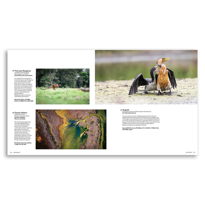 Book layout with nature-themed images including a bird, landscape, and animal.