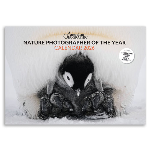 Calendar cover featuring a penguin in a snowy landscape with 'Australian Geographic' branding.