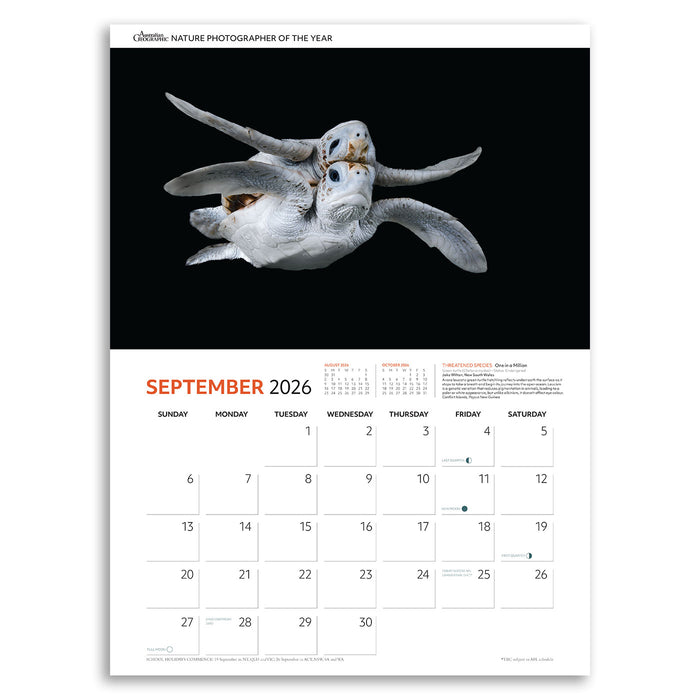 Calendar page for September 2026 featuring a turtle with a black background