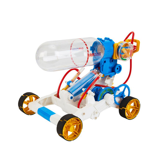 Toy experiment set with a bottle, tubes, and wheels on a white background