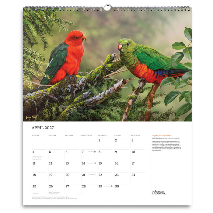 A spiral-bound wall calendar page showing a large bird photograph of two parrots perched in branches, with an April 2027 calendar grid and text on the lower page. The visible brand at the bottom right is Conservation Geographic.