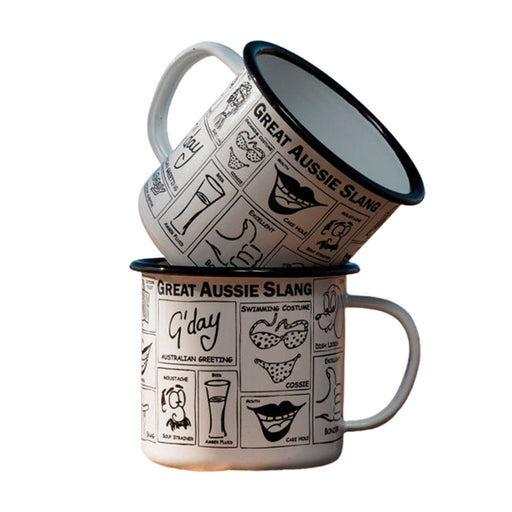 Two mugs with 'Great Aussie Slang' text and icons on a white background