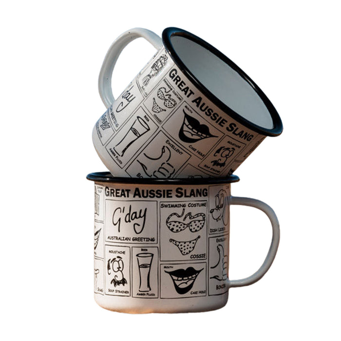 Two mugs with 'Great Aussie Slang' text and icons on a white background