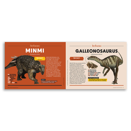 Educational book or magazine open to pages about dinosaurs Minmi and Galleonosaurus on a white background.